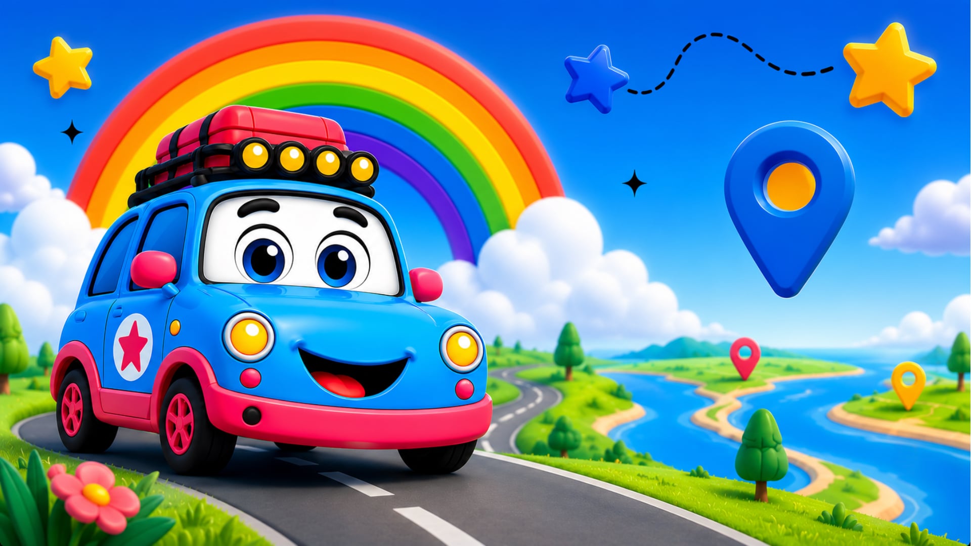 Journi, the Journiverse car character, on an adventure